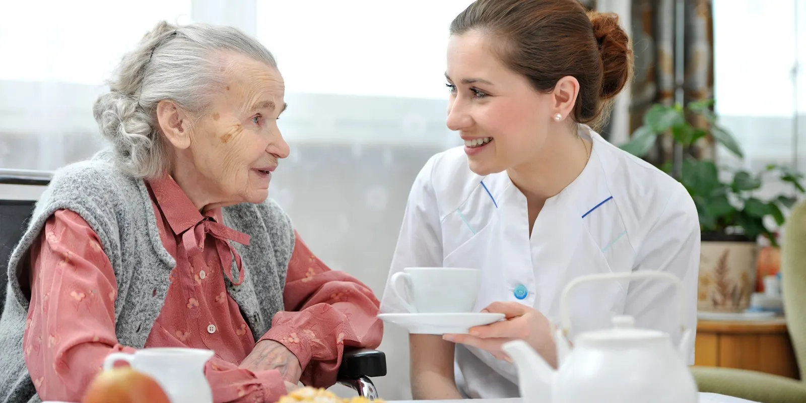 A carer sitting beside an older woman, holding her hand